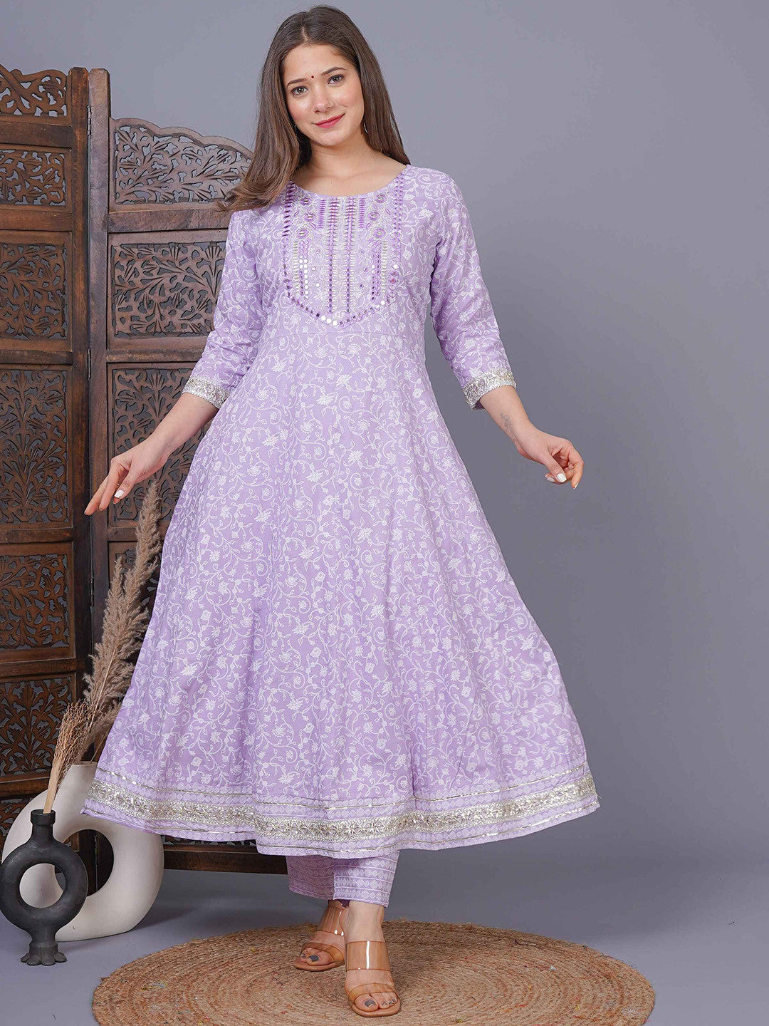 Lavender Cotton 3-Piece Kurta Set for Women